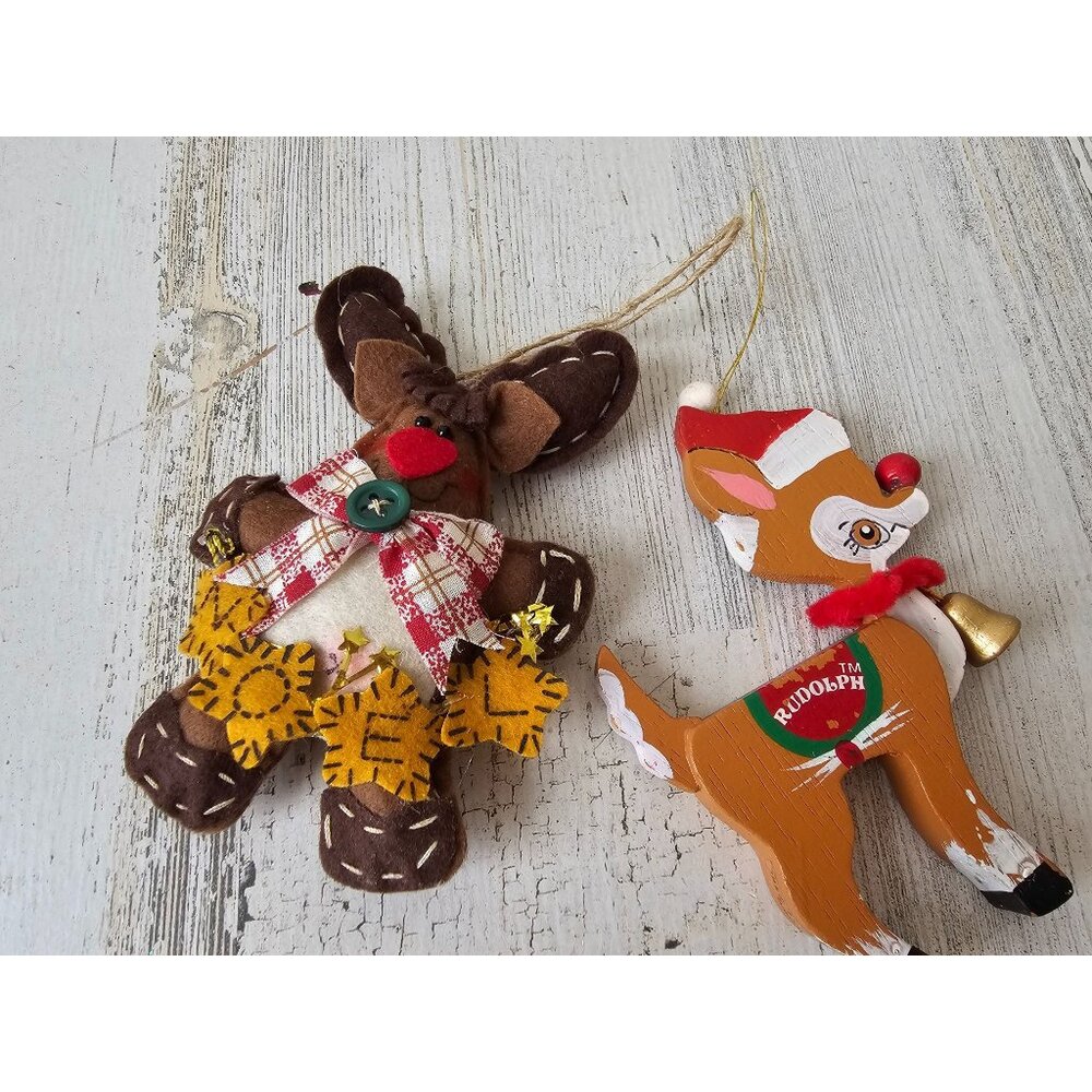 Wooden vintage Rudolph reindeer deer ornament set plush Noel Xmas tree both orna